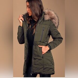 Women's Green Puffer Coat with Faux Fur Hood
